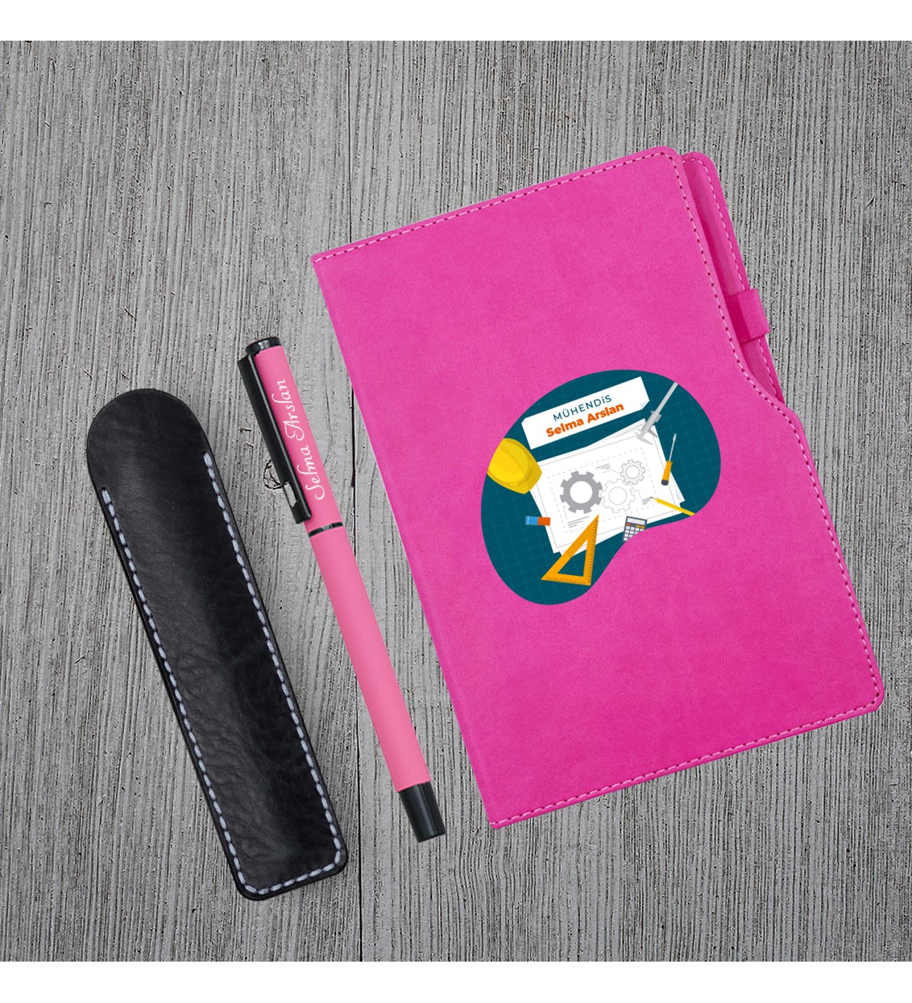Kişiye Özel UV Baskılı Mühendis Temalı Pembe Defter & Pembe Roller Kalem ve Kupa Seti