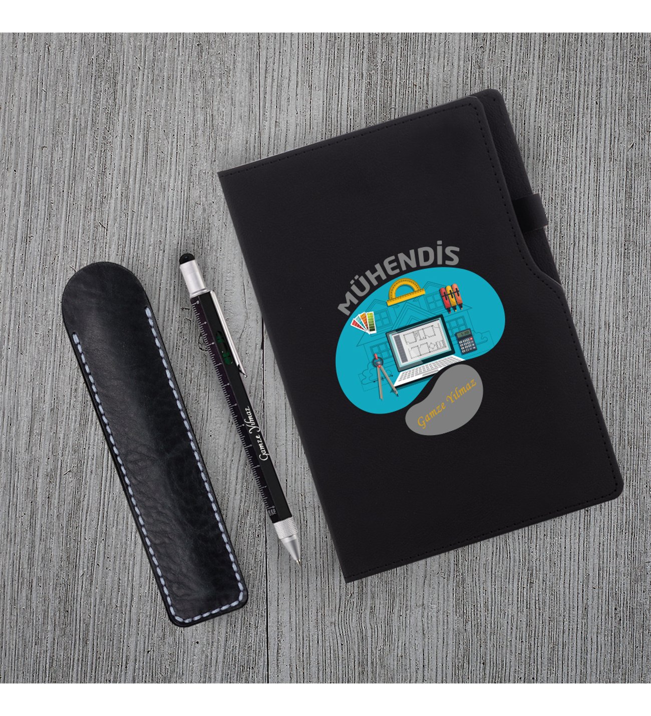 Kişiye Özel Uv Baskılı Mühendis Temalı Siyah Defter & Fonksiyonel Mühendis Kalemi Seti