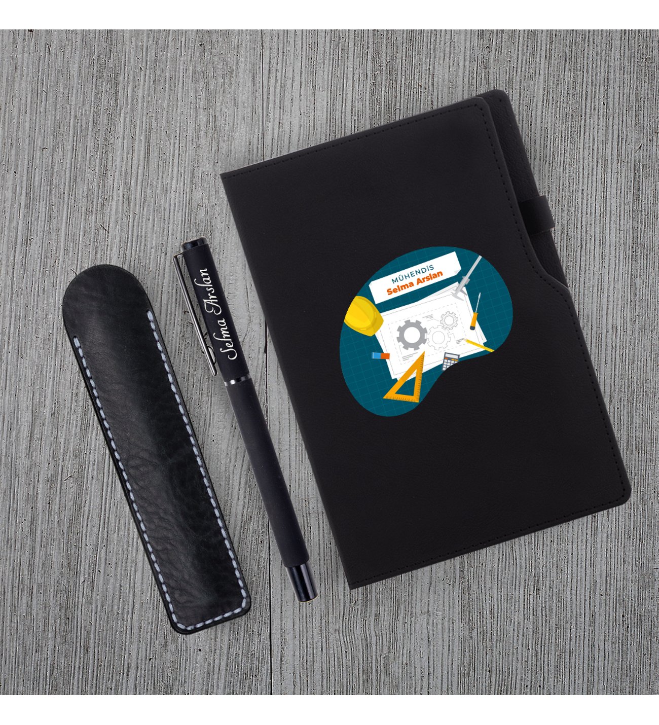 Kişiye Özel UV Baskılı Mühendis Temalı Siyah Defter & Siyah Roller Kalem Seti