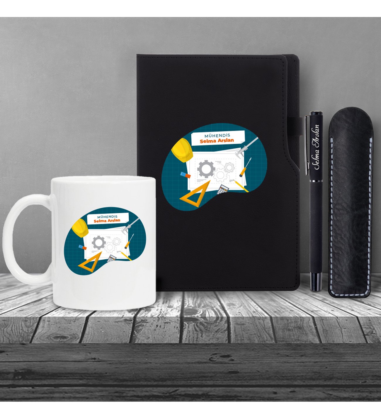 Kişiye Özel UV Baskılı Mühendis Temalı Siyah  Defter & Siyah Roller Kalem ve Kupa Seti