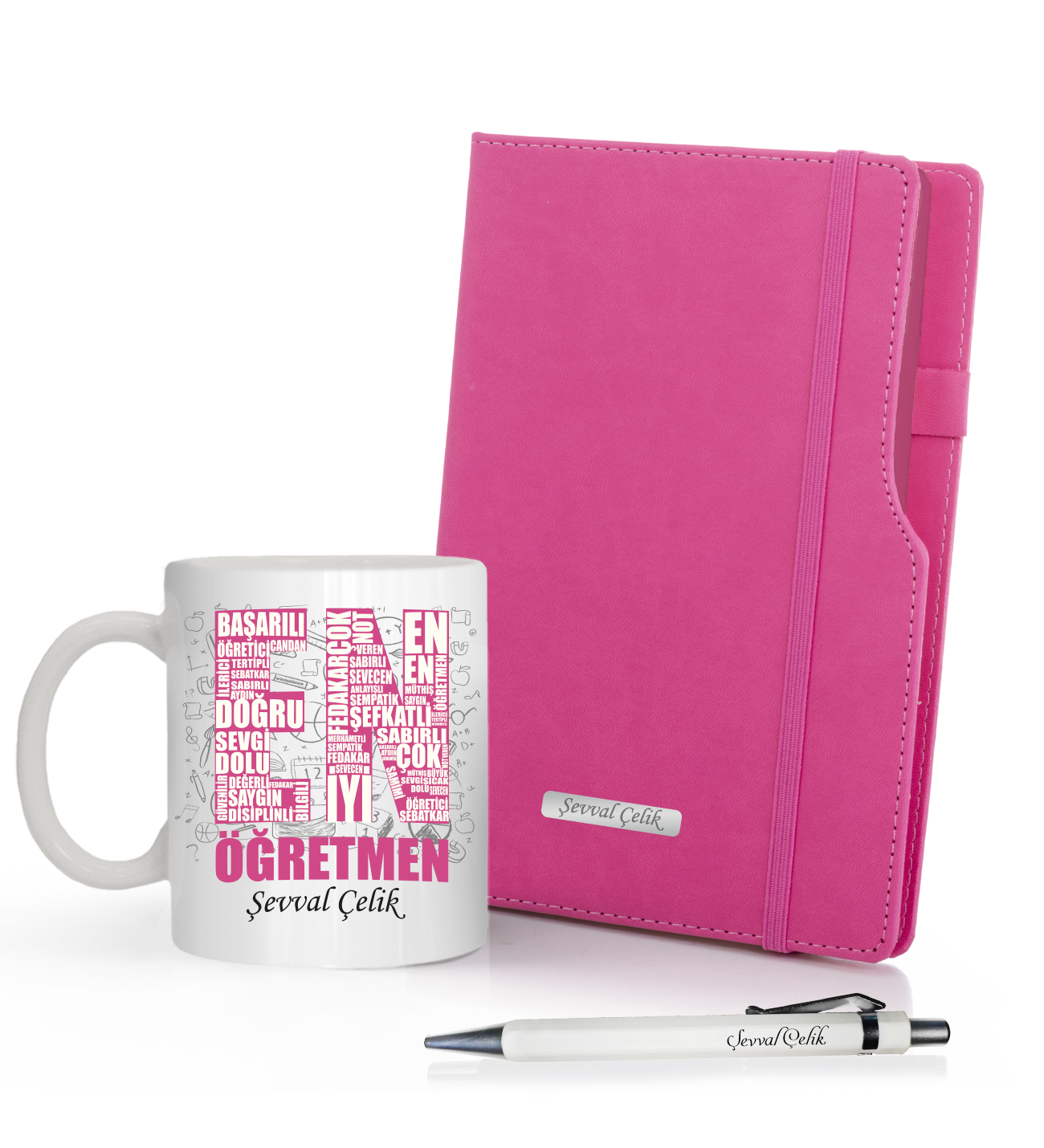 Kişiye Özel UV Baskılı Öğretmenler Günü İsme Özel Plakalı Pembe Defter & Beyaz Kalem ve Kupa Seti