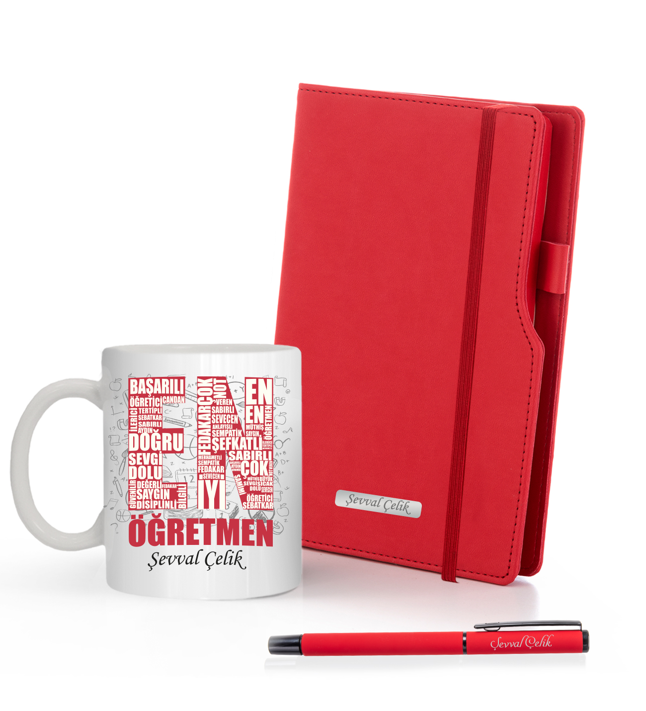 Kişiye Özel UV Baskılı Öğretmenler Günü İsme Özel Plakalı Siyah Defter & Siyah Roller Kalem ve Kupa Seti