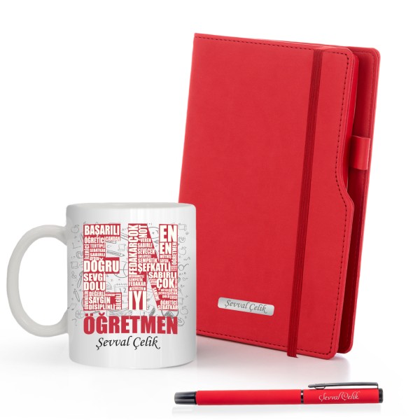 Kişiye Özel UV Baskılı Öğretmenler Günü İsme Özel Plakalı Siyah Defter & Siyah Roller Kalem ve Kupa Seti