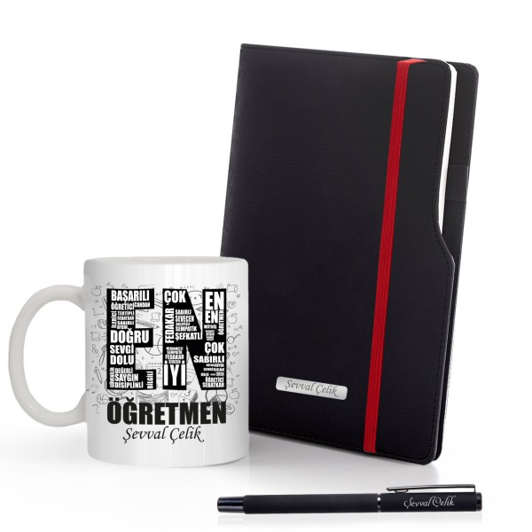 Kişiye Özel UV Baskılı Öğretmenler Günü İsme Özel Plakalı Siyah Defter & Siyah Roller Kalem ve Kupa Seti