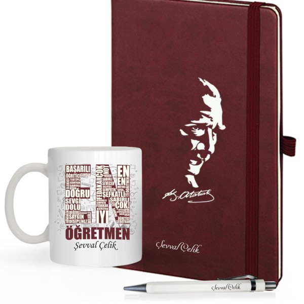 Kişiye Özel UV Baskılı Öğretmenler Günü Temalı Atatürk Siluletli Defter & Beyaz Kalem ve En İyi Öğretmen Kupa Seti Kişiye Özel UV Baskılı Öğretmenler Günü Temalı Atatürk Siluletli Defter & Beyaz Kalem ve En İyi Öğretmen Kupa Seti