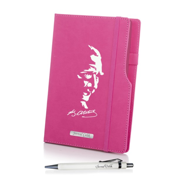 Kişiye Özel UV Baskılı Öğretmenler Günü Temalı Atatürk Siluletli Pembe Defter & Beyaz Kalem Seti Kişiye Özel UV Baskılı Öğretmenler Günü Temalı Atatürk Siluletli Pembe Defter & Beyaz Kalem Seti