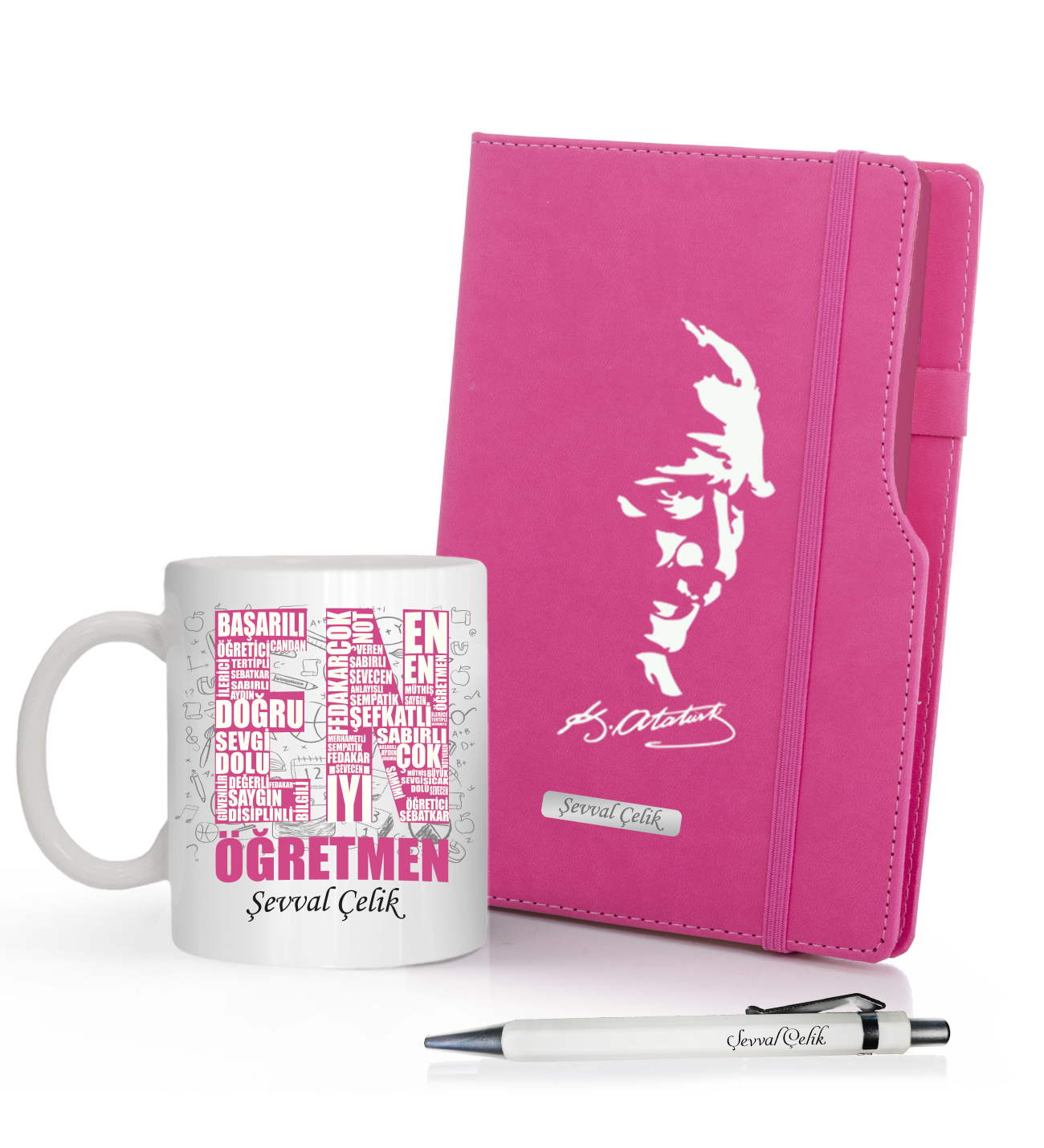Kişiye Özel UV Baskılı Öğretmenler Günü Temalı Atatürk Siluletli  Pembe Defter & Beyaz  Kalem ve En İyi Öğretmen  Kupa Seti