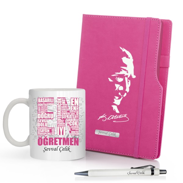 Kişiye Özel UV Baskılı Öğretmenler Günü Temalı Atatürk Siluletli  Pembe Defter & Beyaz  Kalem ve En İyi Öğretmen  Kupa Seti
