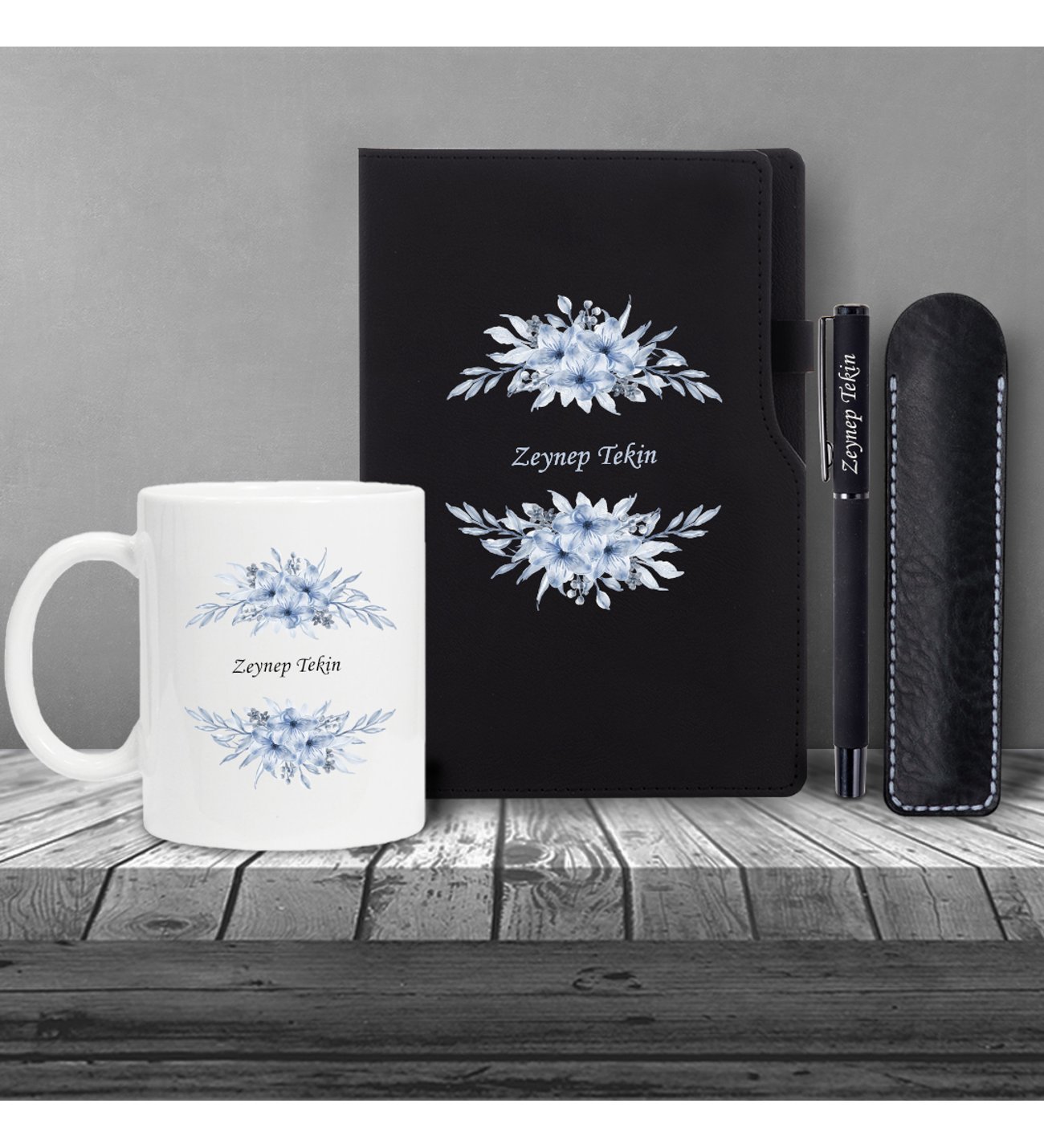 Kişiye Özel UV Çiçekli Siyah Defter Kalem Kupa Seti Kişiye Özel UV Çiçekli Siyah Defter Kalem Kupa Seti