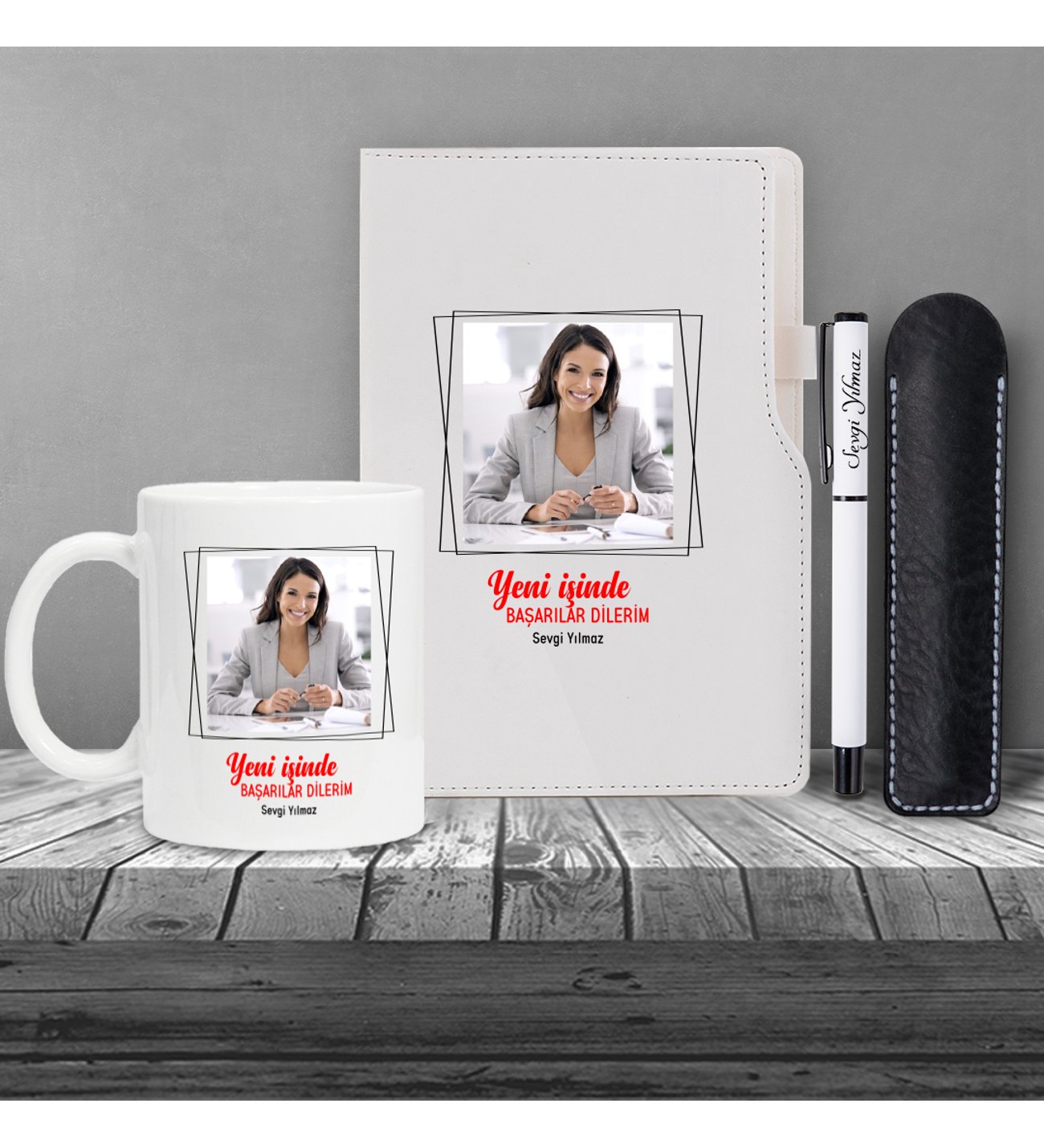 Kişiye Özel Yeni İş Temalı Beyaz Defter & Beyaz Roller Kalem ve Kupa Seti