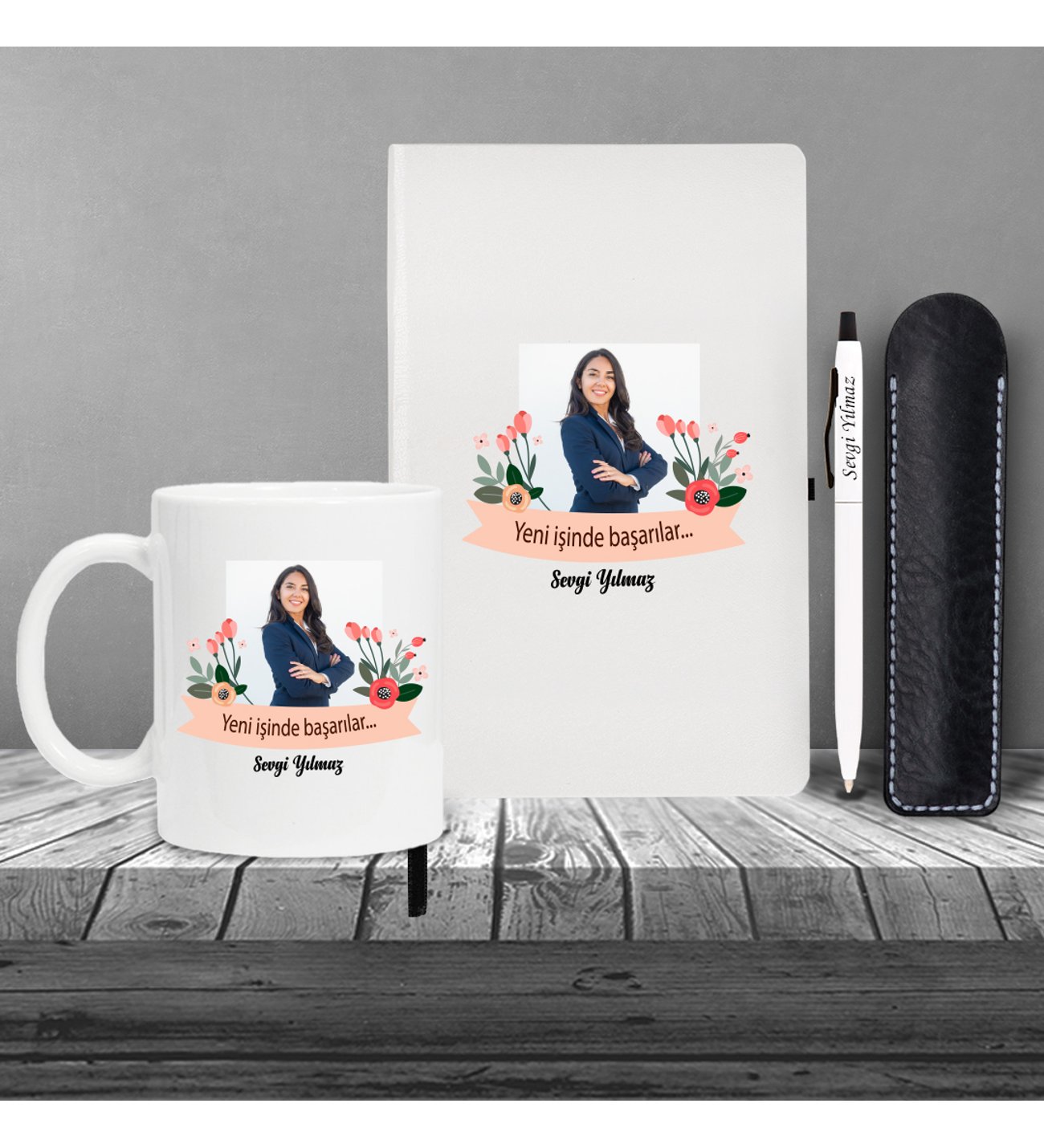 Kişiye Özel Yeni İş Temalı Beyaz Defter ( Siyah Kenar ) & Beyaz Tükenmez Kalem ve Kupa