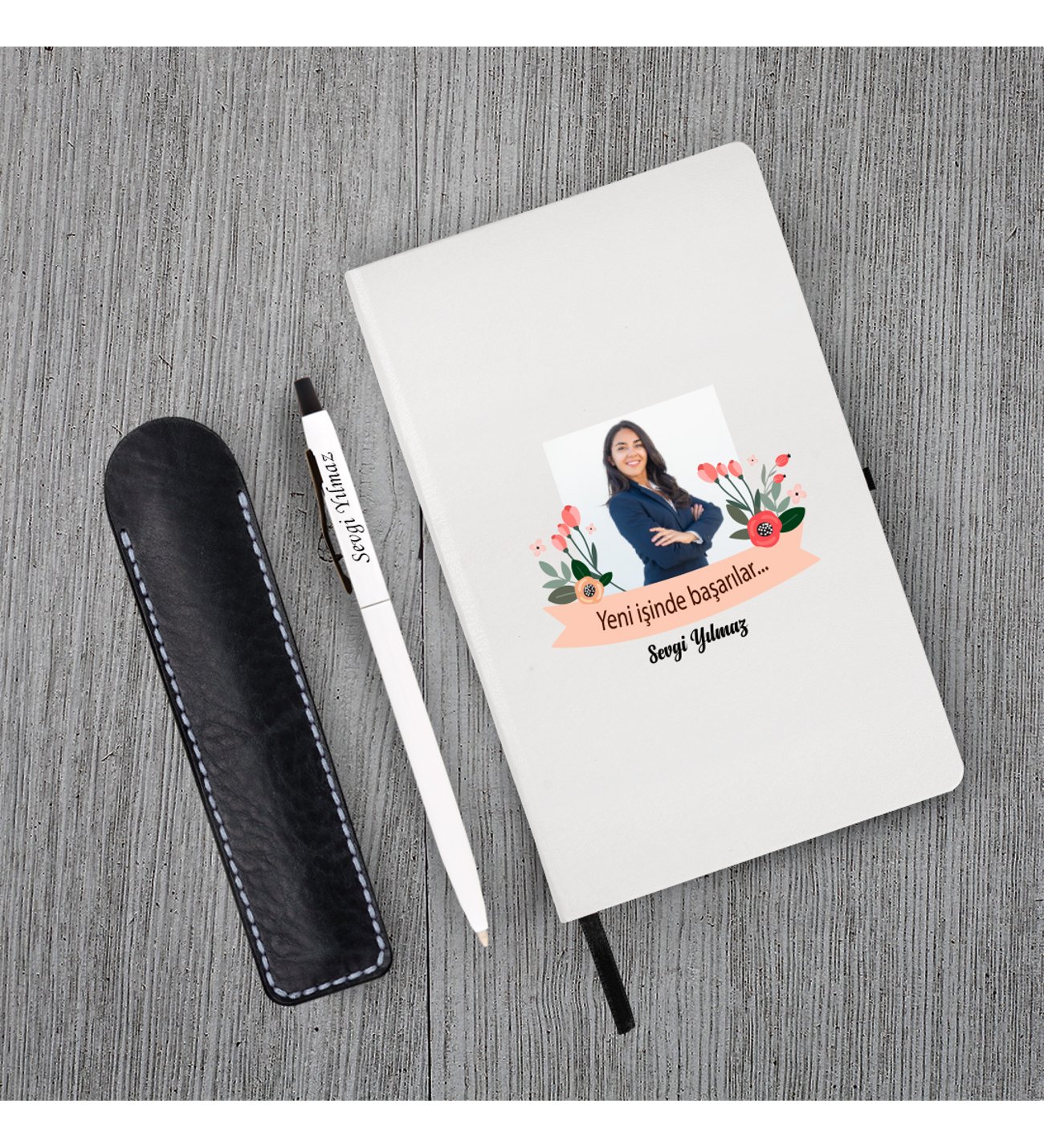 Kişiye Özel Yeni İş Temalı Beyaz Defter ( Siyah Kenar ) & Beyaz Tükenmez Kalem ve Kupa