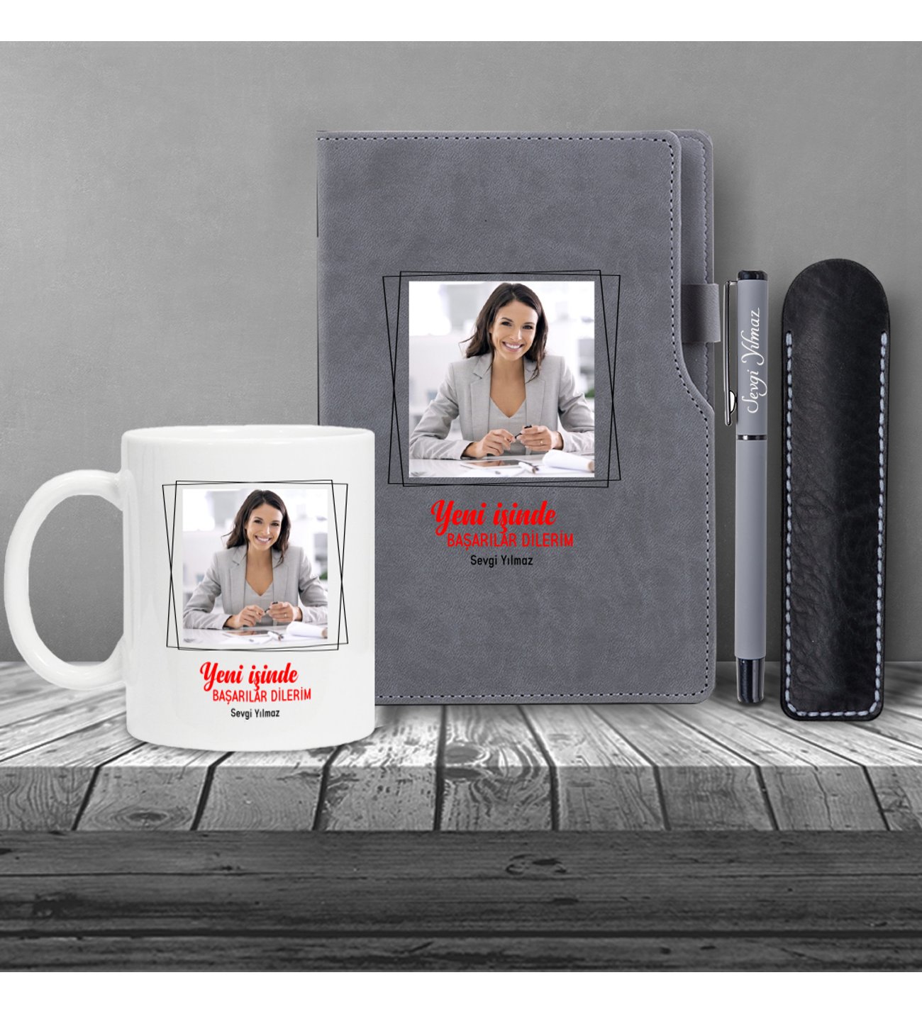 Kişiye Özel Yeni İş Temalı Gri Defter & Gri Roller Kalem ve Kupa Seti