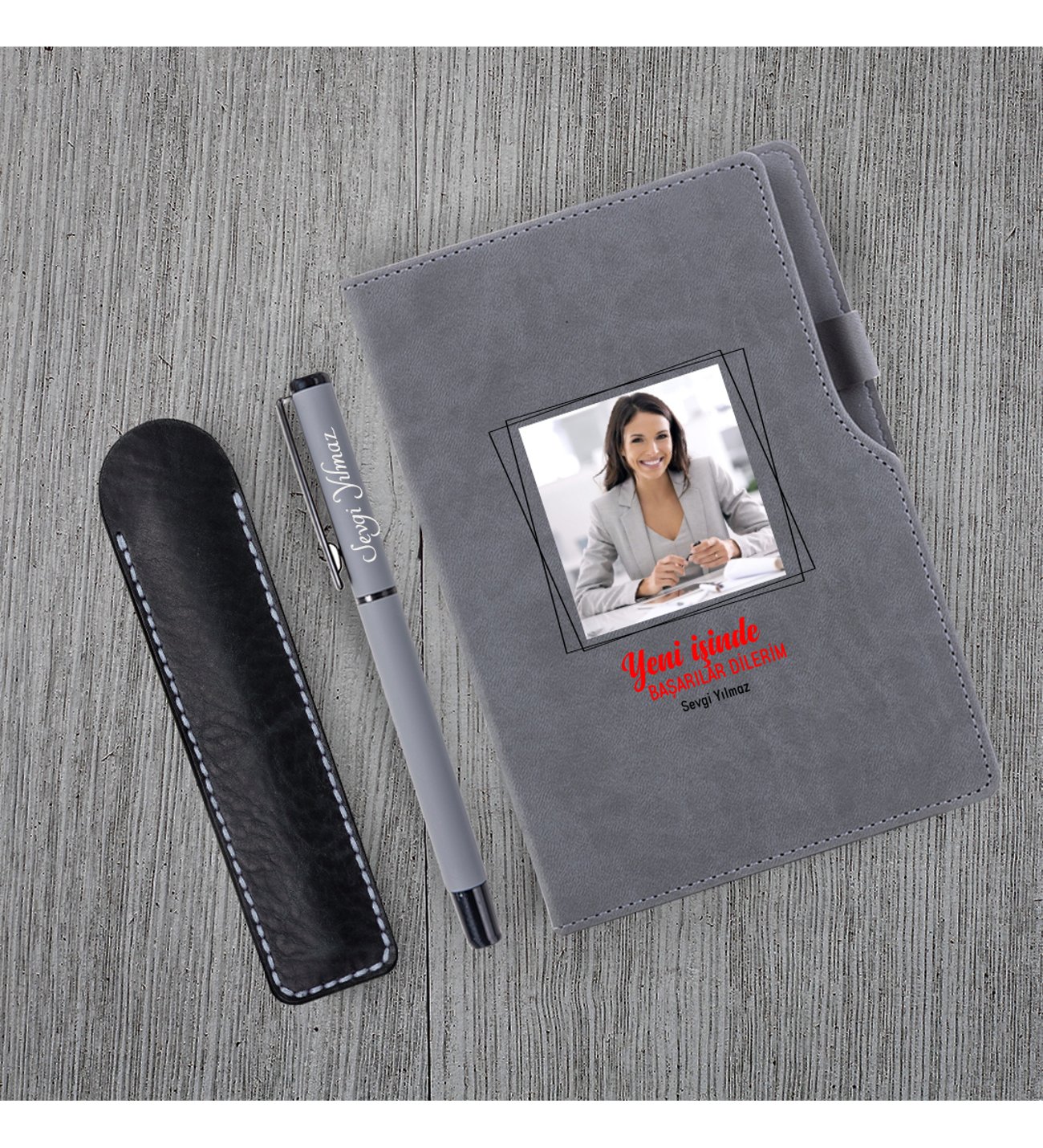 Kişiye Özel Yeni İş Temalı Gri Defter & Gri Roller Kalem ve Kupa Seti