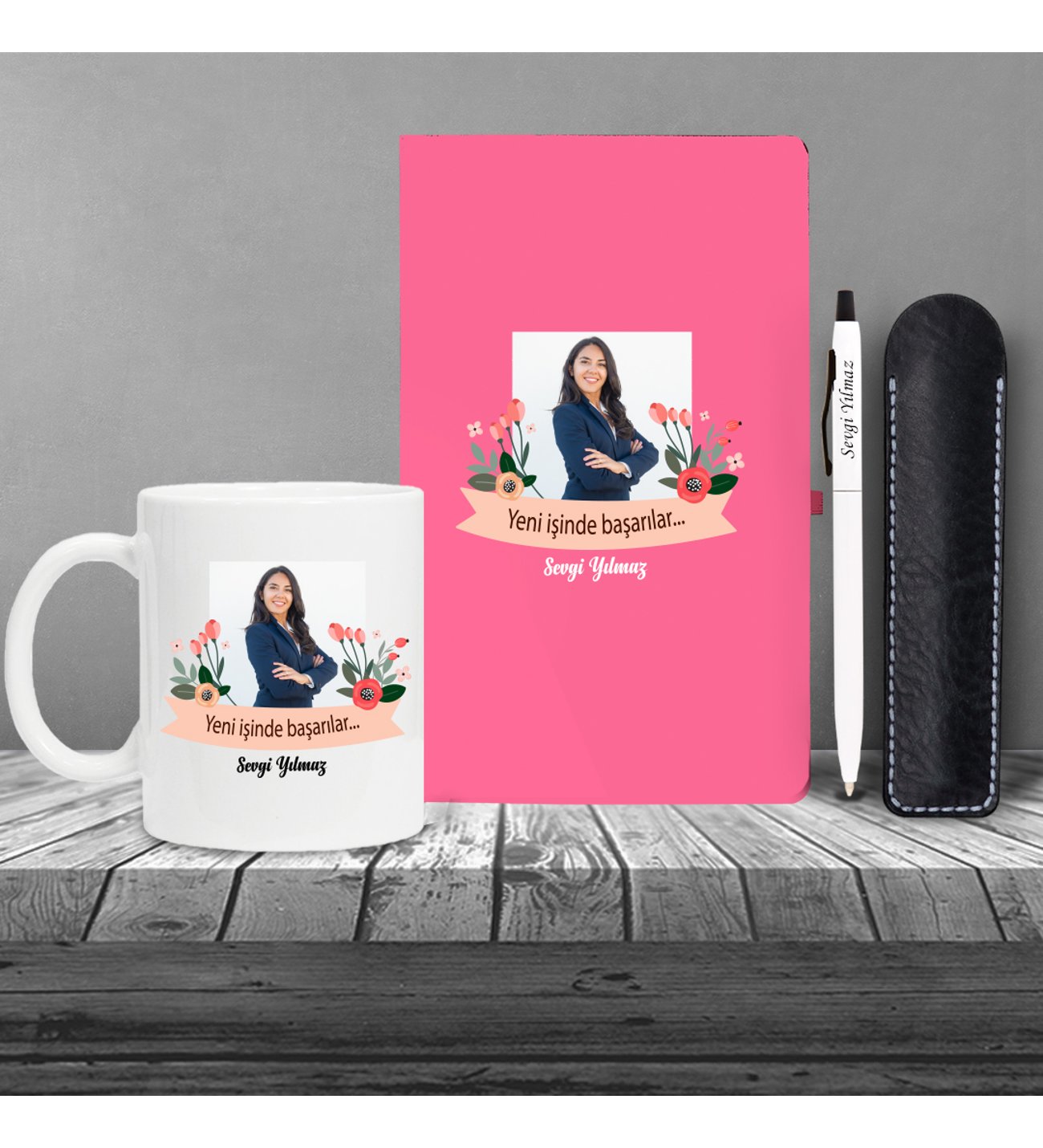 Kişiye Özel Yeni İş Temalı Pembe Defter & Beyaz Tükenmez Kalem ve Kupa