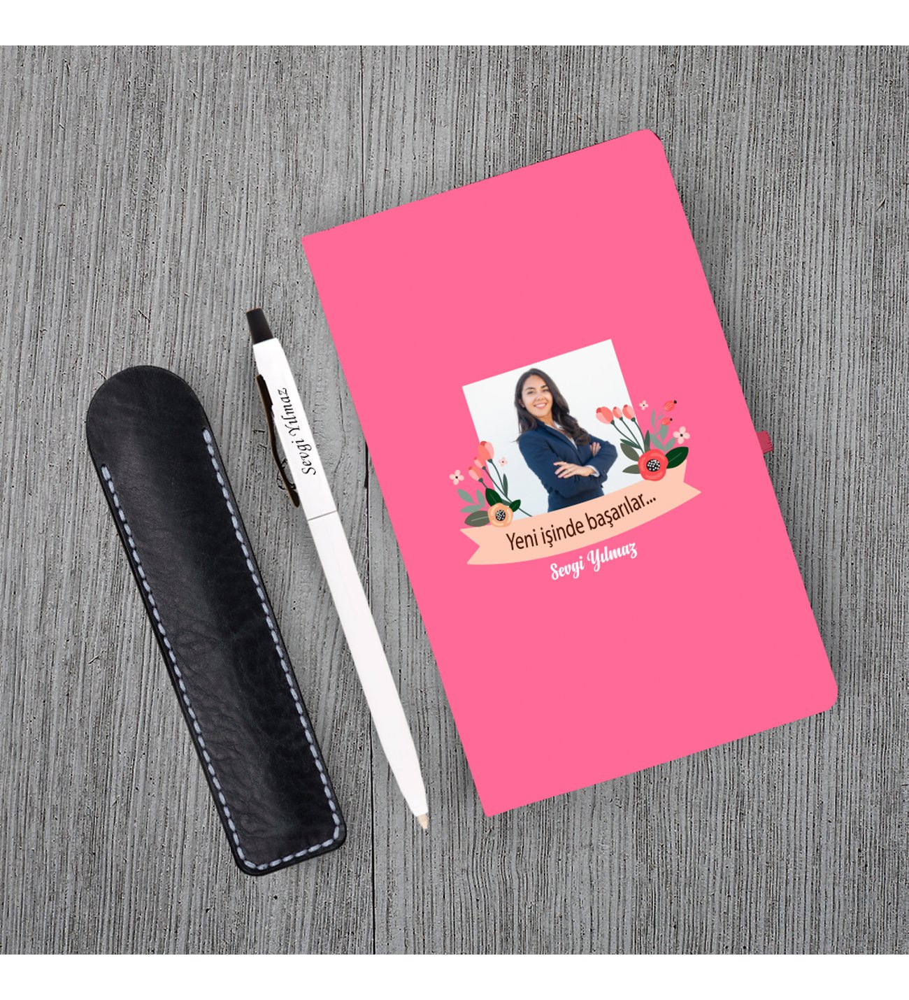 Kişiye Özel Yeni İş Temalı Pembe Defter & Beyaz Tükenmez Kalem ve Kupa