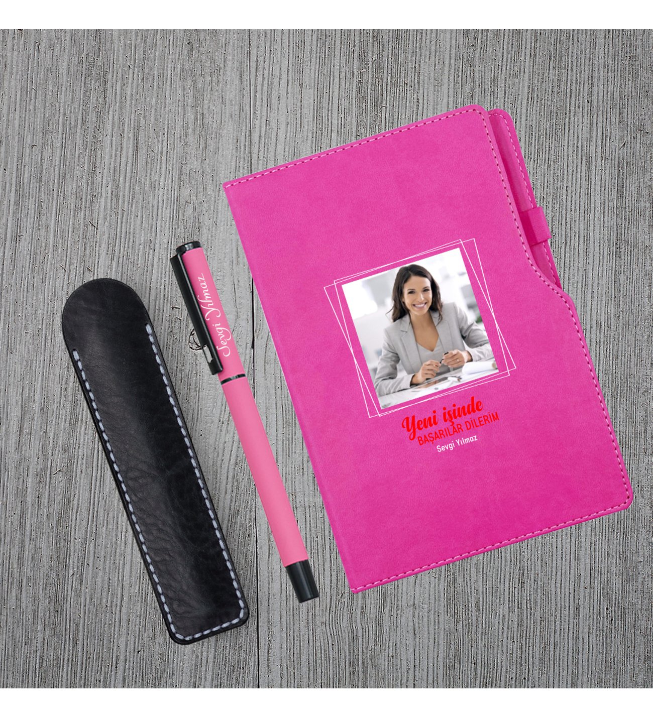Kişiye Özel Yeni İş Temalı Pembe Defter & Pembe Roller Kalem