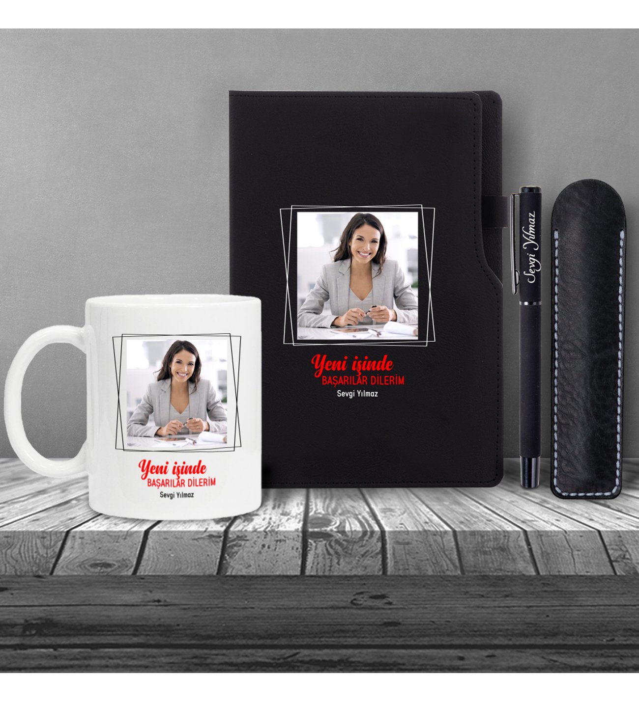 Kişiye Özel Yeni İş Temalı Siyah Defter & Siyah Roller Kalem ve Kupa Seti