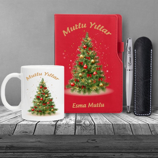 Kişiye Özel Yılbaşı Temalı Kırmızı Defter Tükenmez Kalem Kupa Seti
