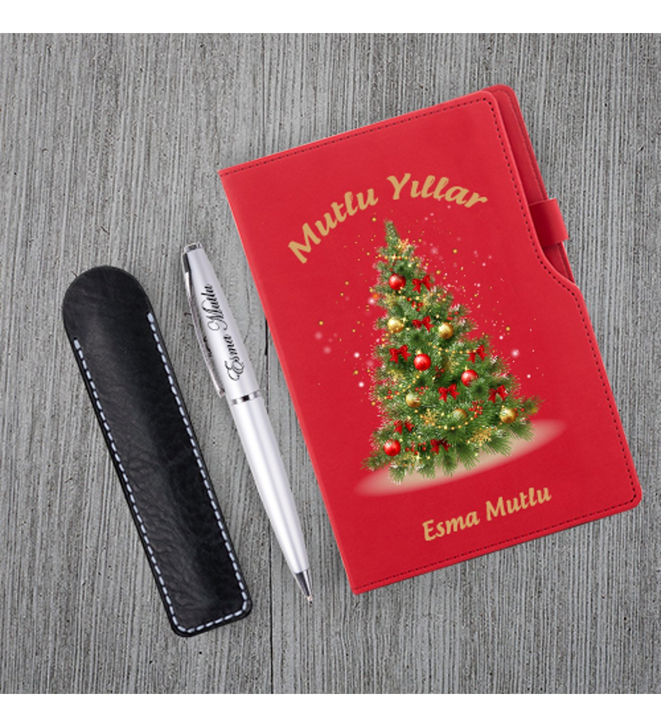 Kişiye Özel Yılbaşı Temalı Kırmızı Defter Tükenmez Kalem Kupa Seti