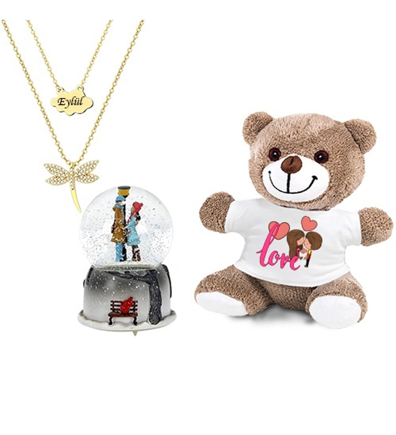 Kişiye Yusufcuk Kolye & Pembe Love Baskılı Kalp Tişörtlü Ayıcık ve Işıklı Sokak Lambalı Orta Boy Kar Küresi
