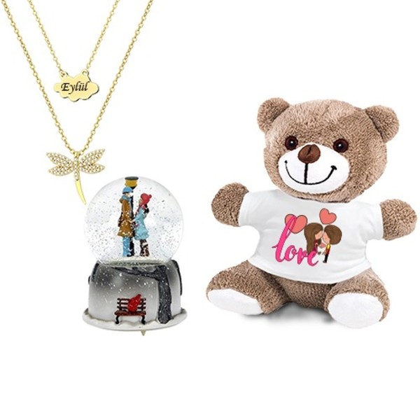 Kişiye Yusufcuk Kolye & Pembe Love Baskılı Kalp Tişörtlü Ayıcık ve Işıklı Sokak Lambalı Orta Boy Kar Küresi Kişiye Yusufcuk Kolye & Pembe Love Baskılı Kalp Tişörtlü Ayıcık ve Işıklı Sokak Lambalı Orta Boy Kar Küresi